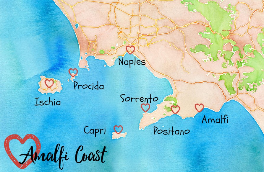 Mapa de la costa de Amalfi